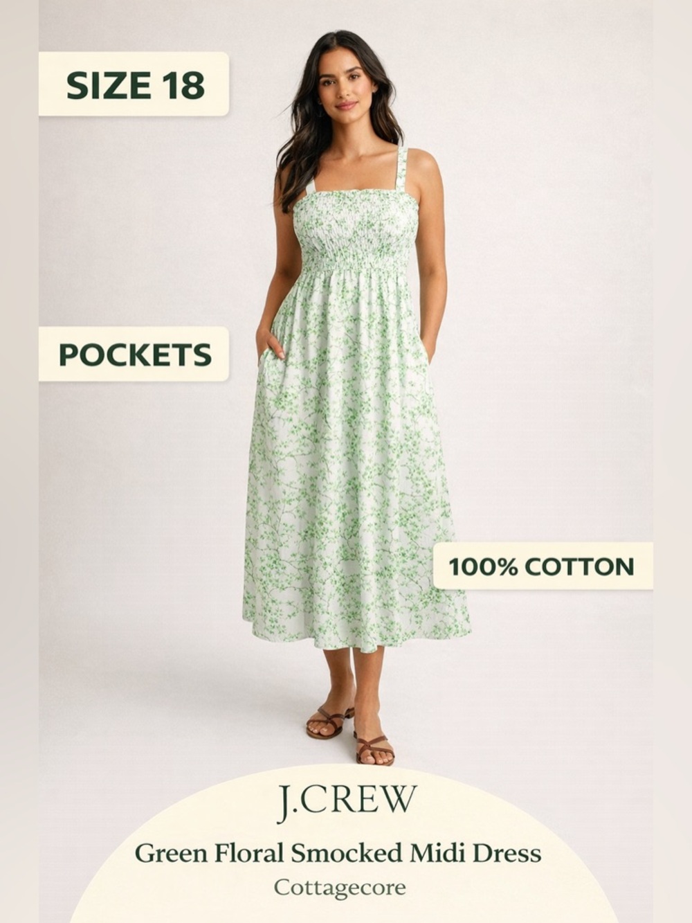 J.Crew Green Floral Smocked Midi Dress Size 18 Cotton Lined Pockets Cottagecore